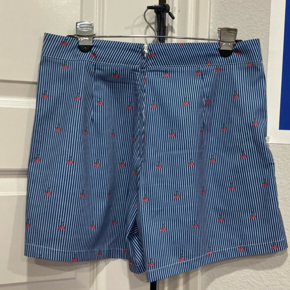 Voodoo Vixen High Waisted Blue Striped Shorts with Red Cherry Details Rockabilly - Picture 4 of 4
